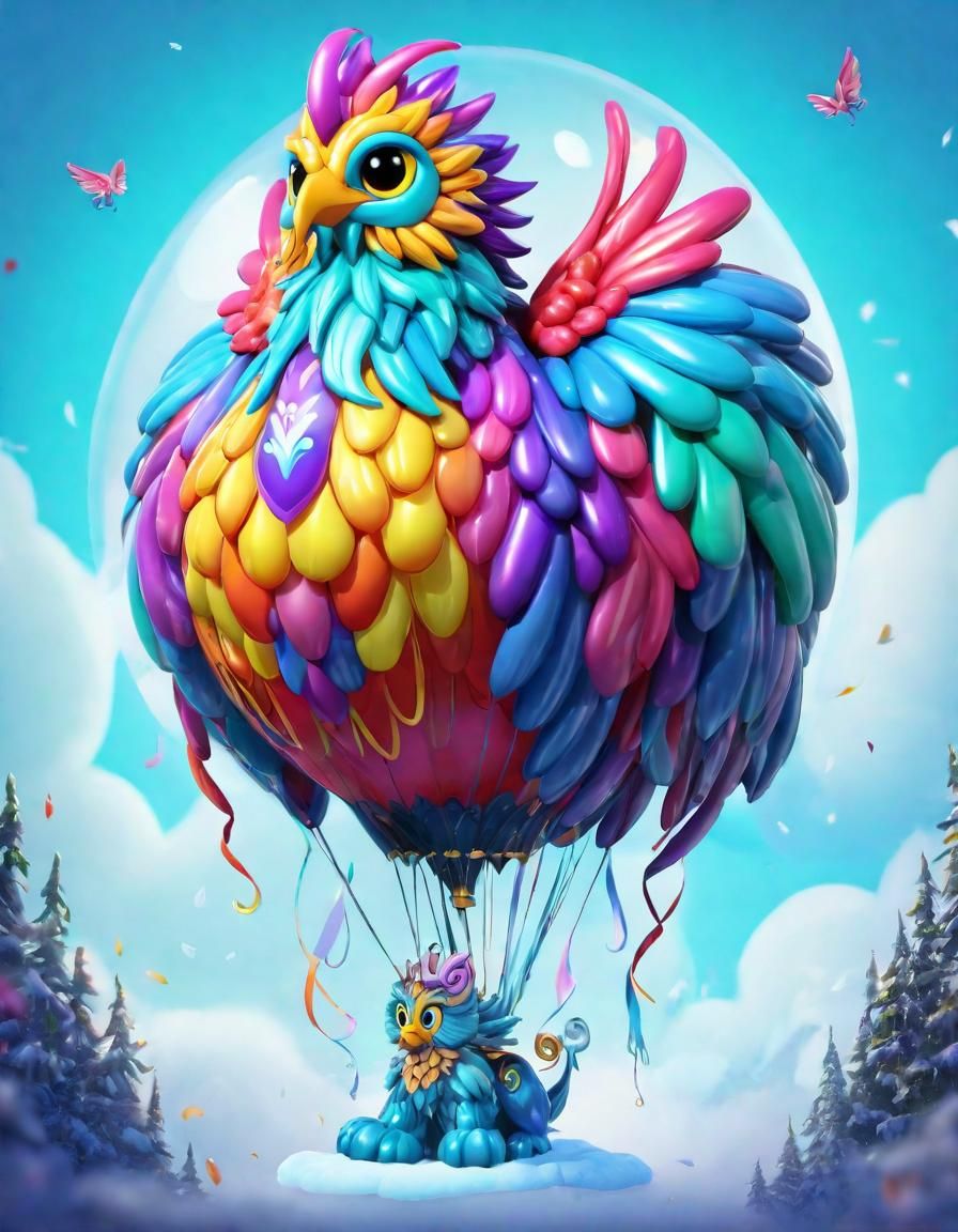 Balloon Griffin with Fairy in Cartoon Digital Art