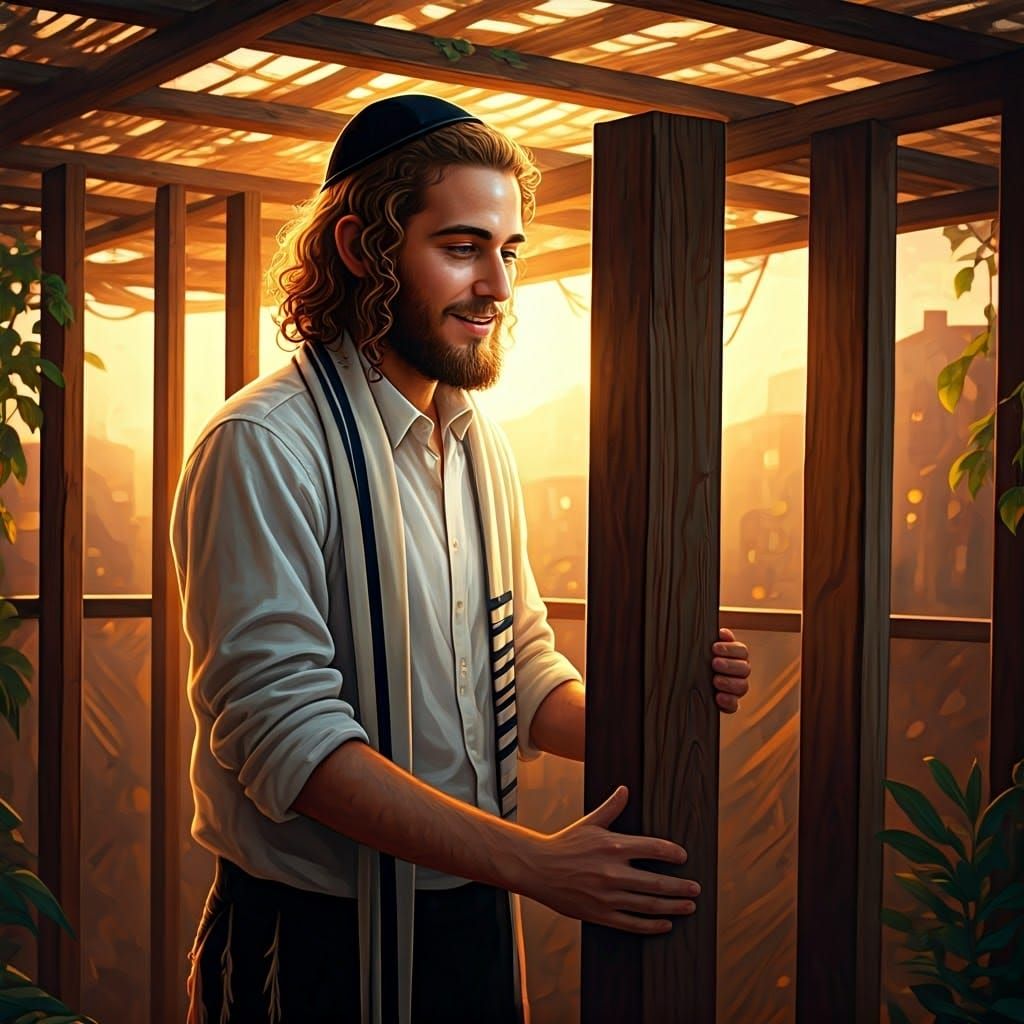 Young Jewish Man Building Sukkah in Fantasy Art Style
