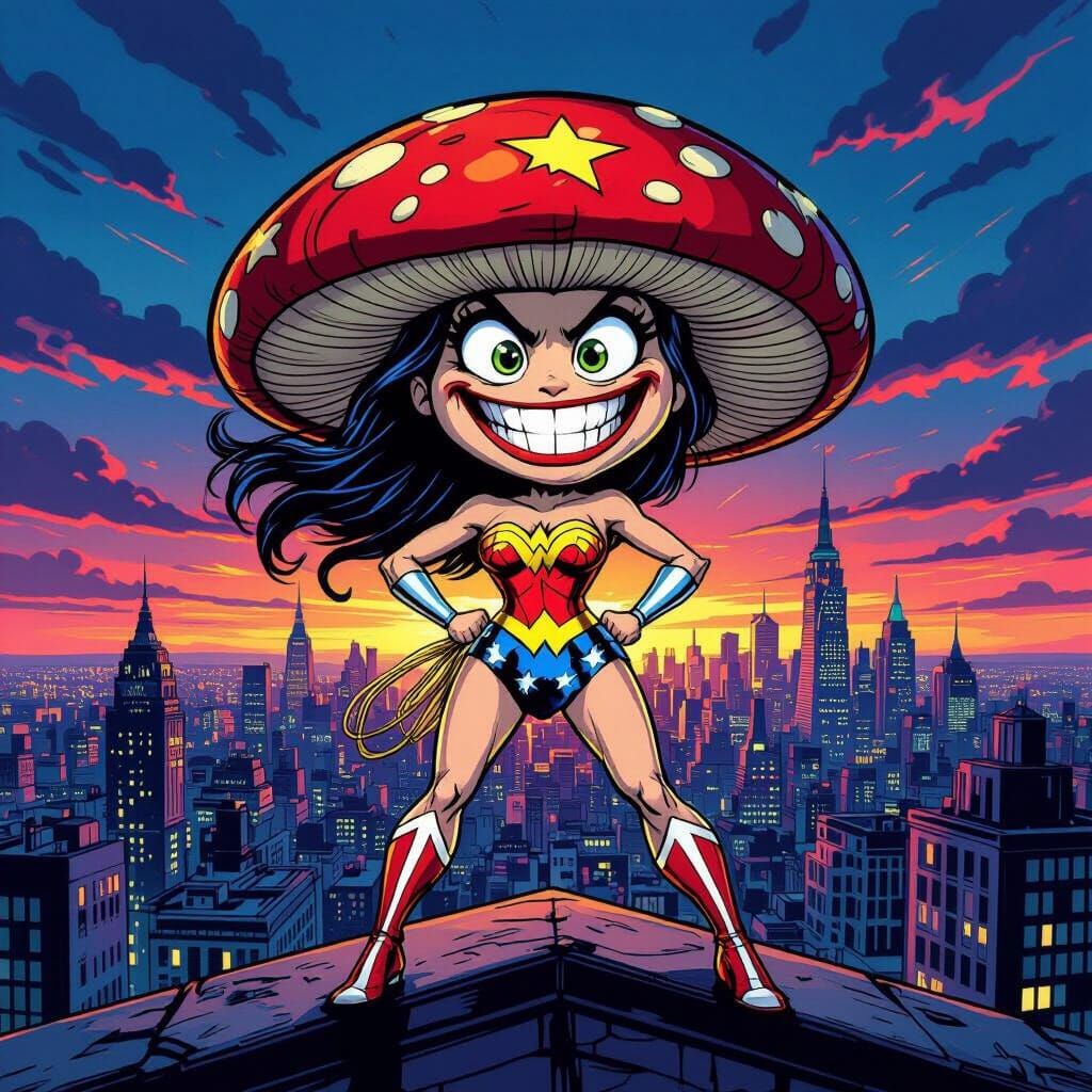 Mushroom Heroine Graces Rooftop Over Neon Cityscape