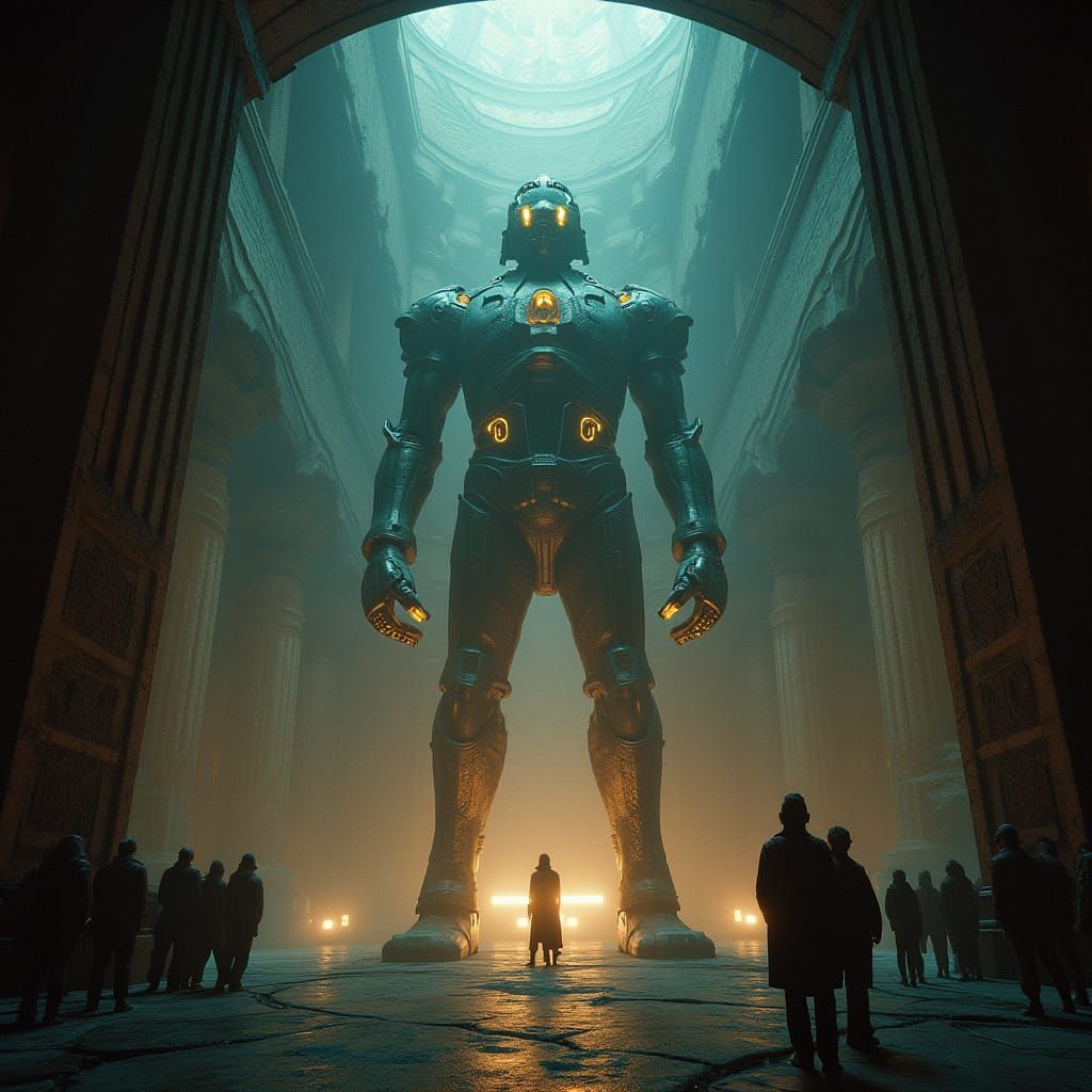 Temple of Mechanical Gods in Ancient Sci-Fi Style