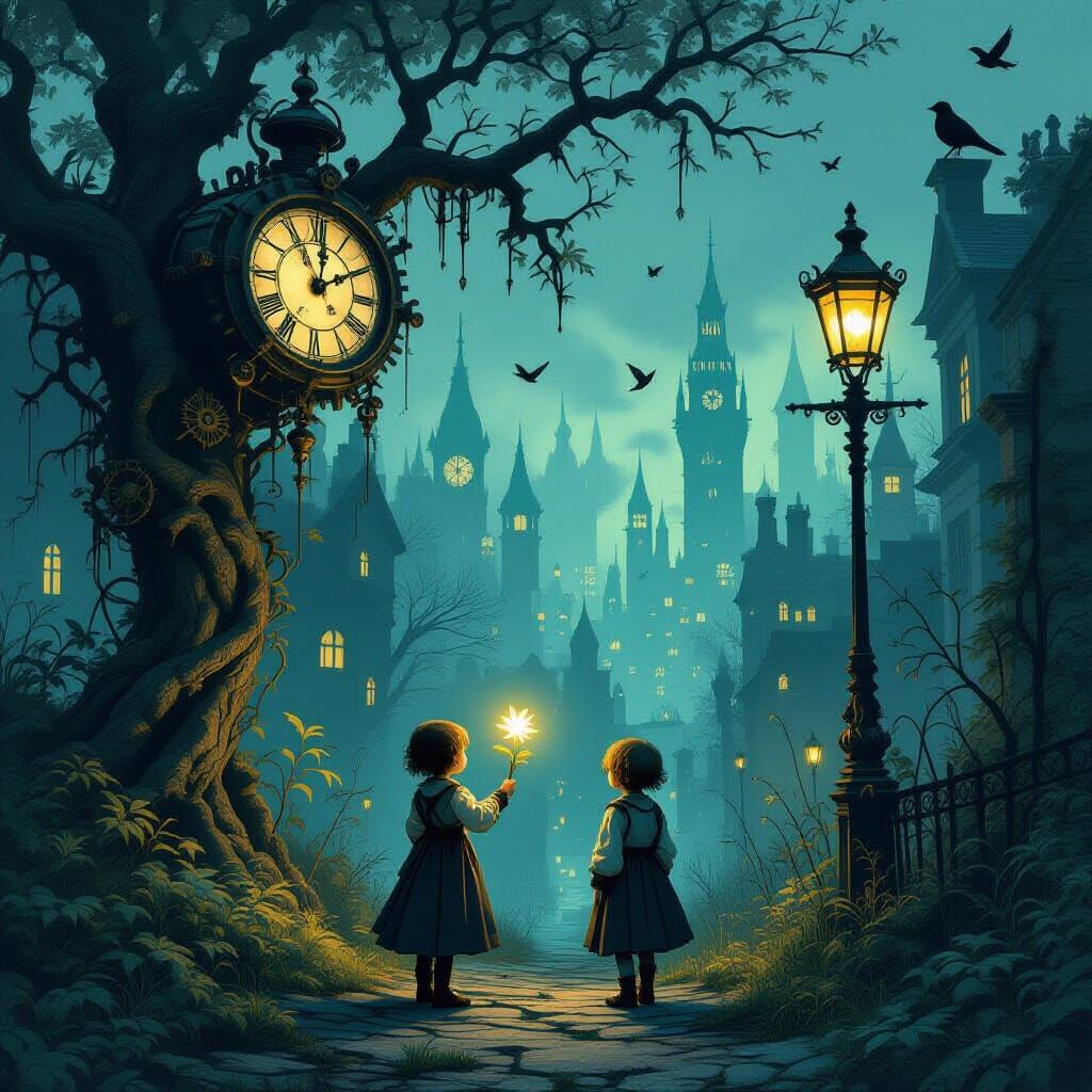 Child in Overgrown Clockwork City with Glowing Flower