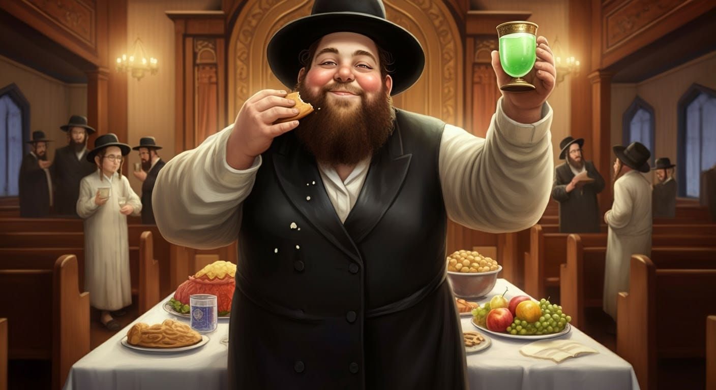 Warm Orthodox Rabbi Enjoys L'chaim Toast in Synagogue Social...
