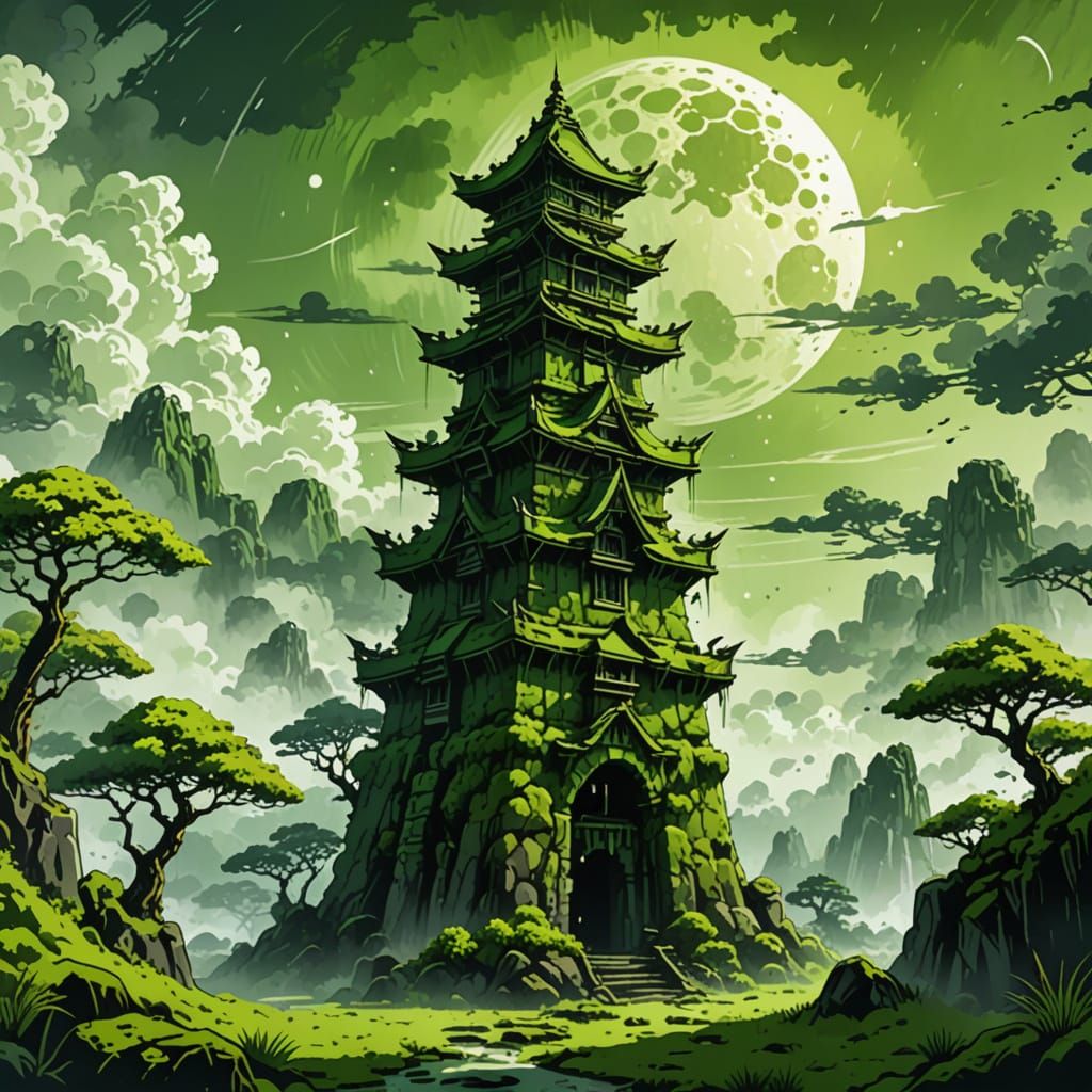 Mossy Druid Tower in Japanese Ink Painting Style