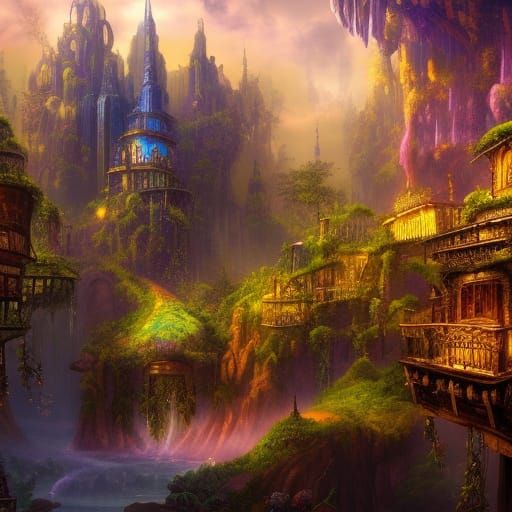 Lush Steampunk Jungle City with Sapphire Waterfalls