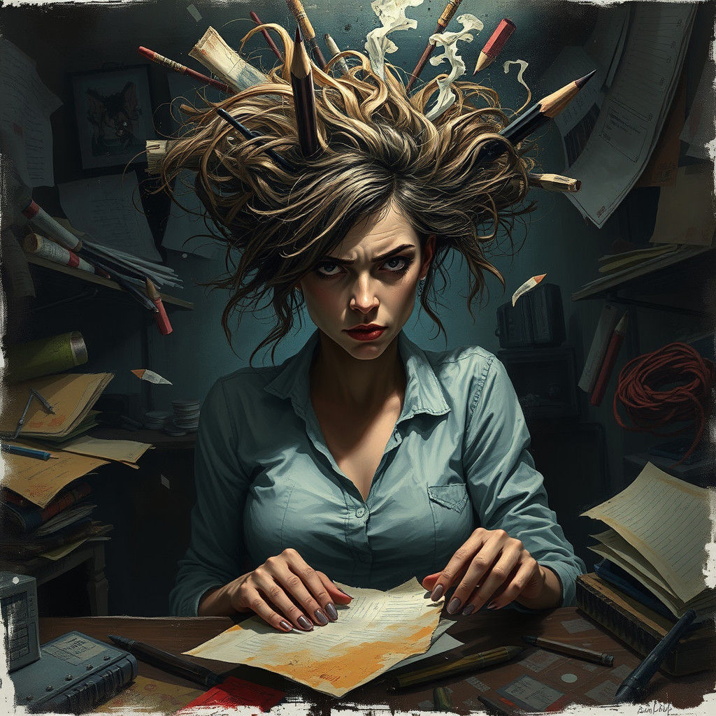 Overwhelmed Woman in Chaotic Room, Dark Fantasy Illustration