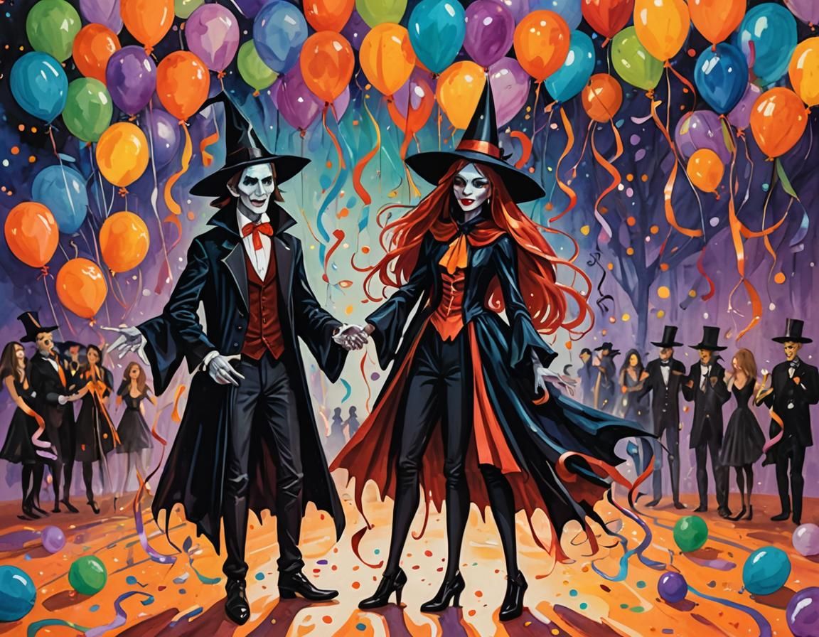 Vampire and Witch at Halloween Dance as Gouache Painting