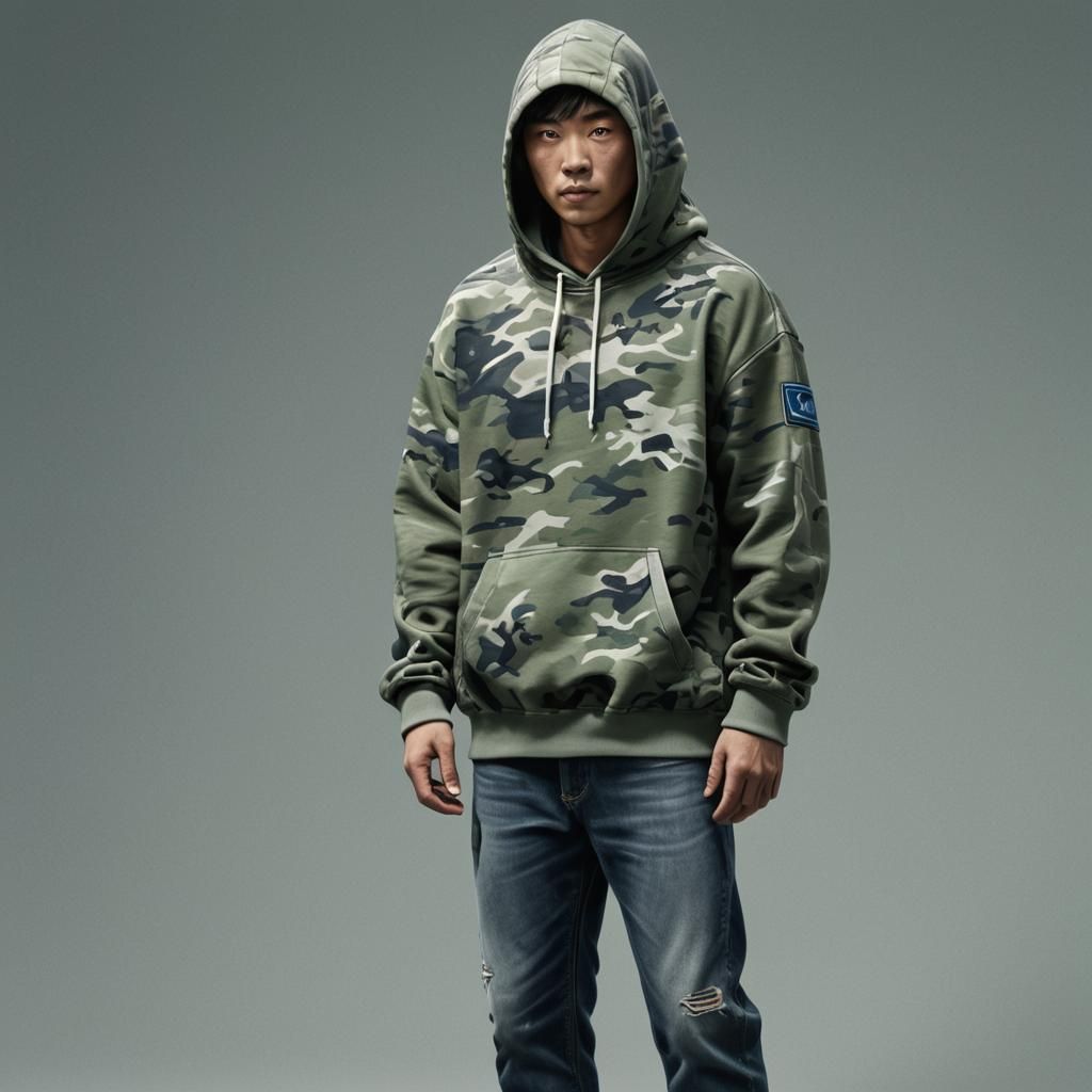 Asian Man in Camo Jeans: Digital Art, Fantasy Concept