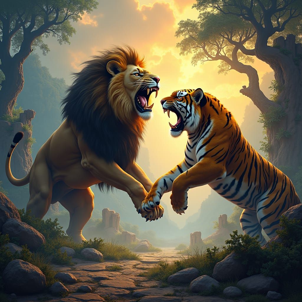 Lion and Tiger Clash in Exploitation Matte Painting