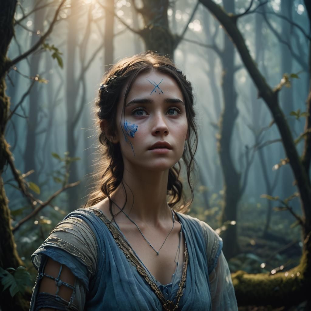 Mystical Forest Girl with Blue Markings: Cinematic Film Stil...