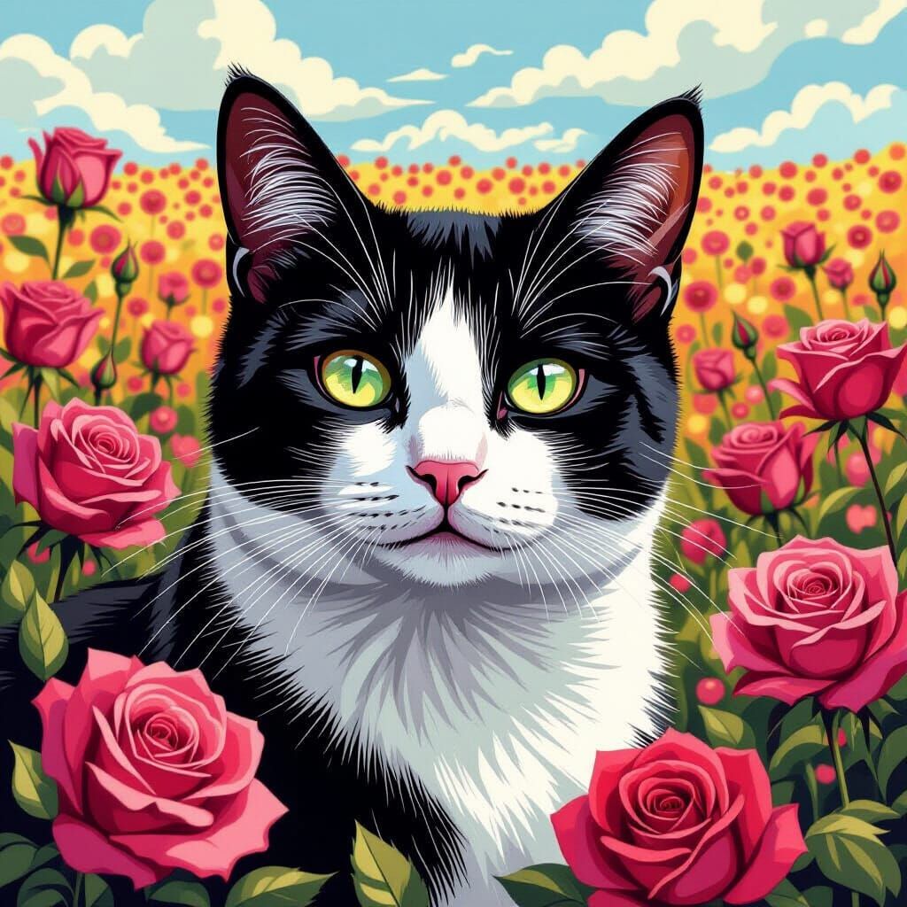 Tuxedo Cat in Roses: Pop Art Gouache Concept
