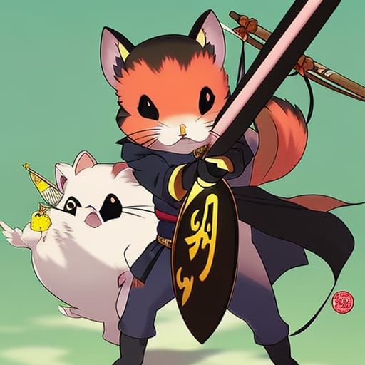 Hamtaro Ninja Hamster with Potato Weapons in Anime Style