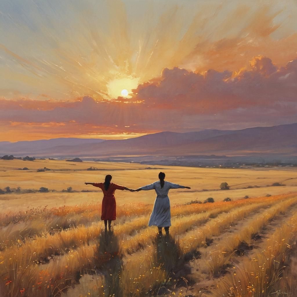 Hopeful Figures Gaze at Sunrise in Vast Field