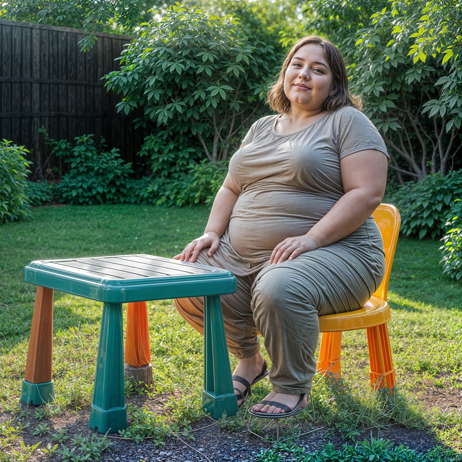 Chubby Woman on Child's Chair in Garden