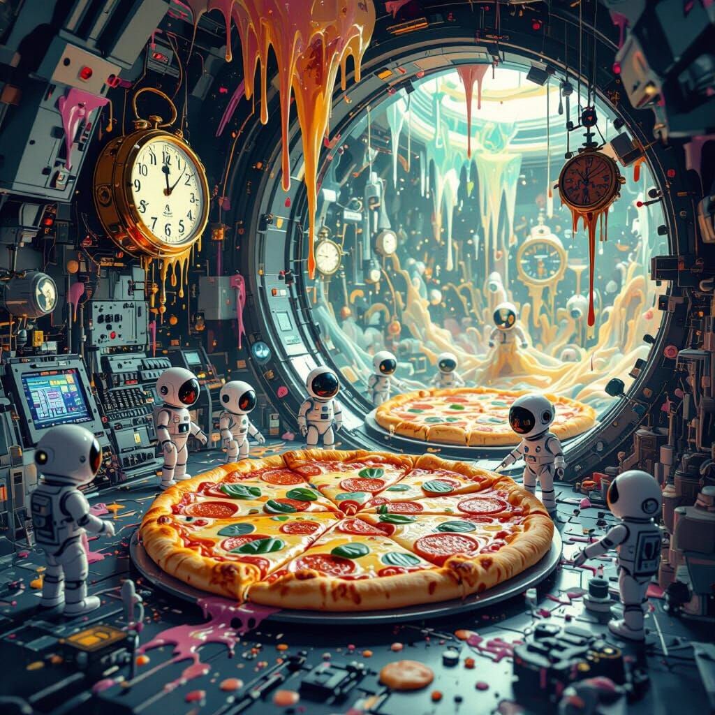 Surreal Pizza Lab with Robots in Dali Style