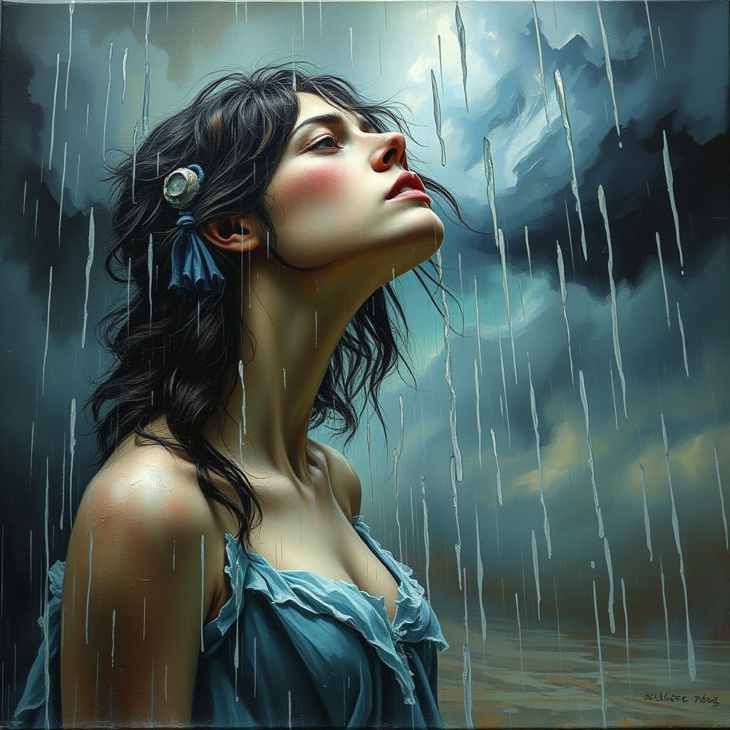 Crying Woman in Rain, Gouache Impasto Painting