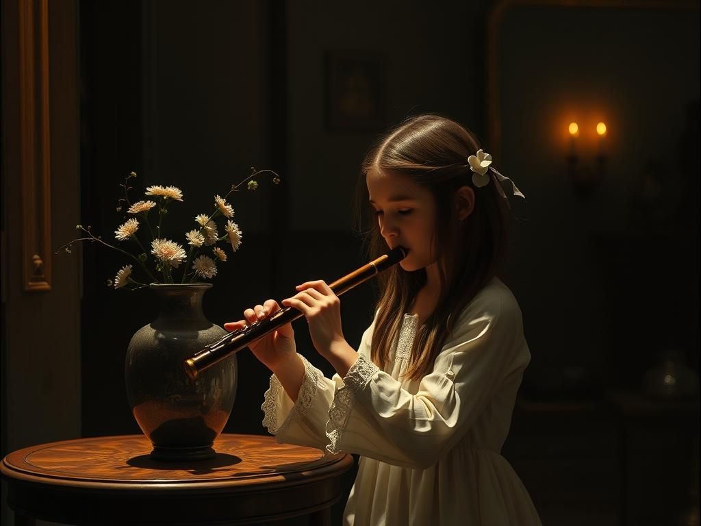 Girl Plays Flute in Dimly Lit Room