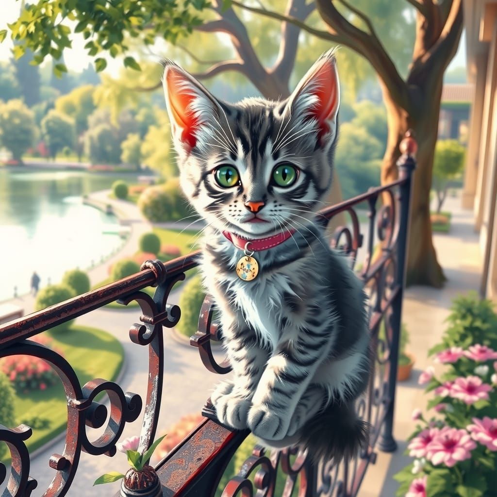 Kitten Overlooking Park in Impressionist Style