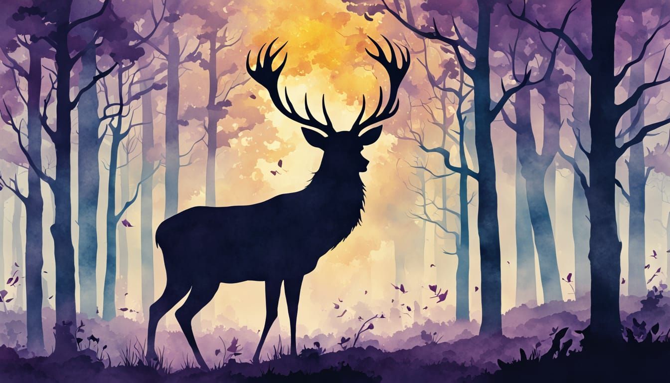 Mystical Stag Silhouette in Forest, Fantasy Art