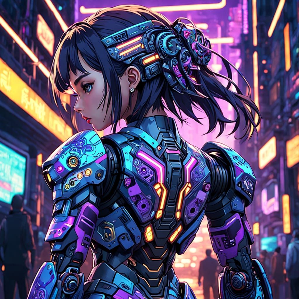 Cyberpunk Anime Woman in Zentangle Mech Suit