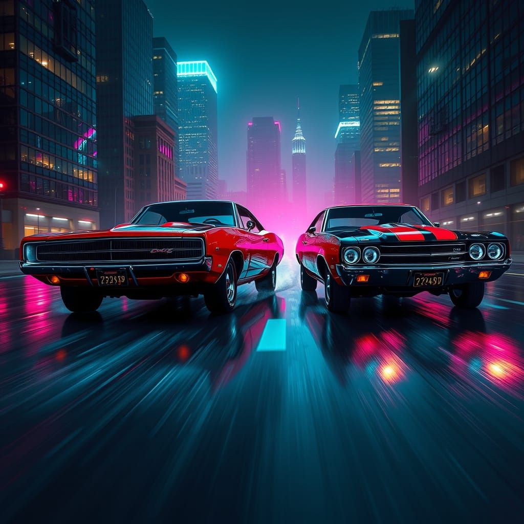 Classic Muscle Cars Speed Down City Streets at Night