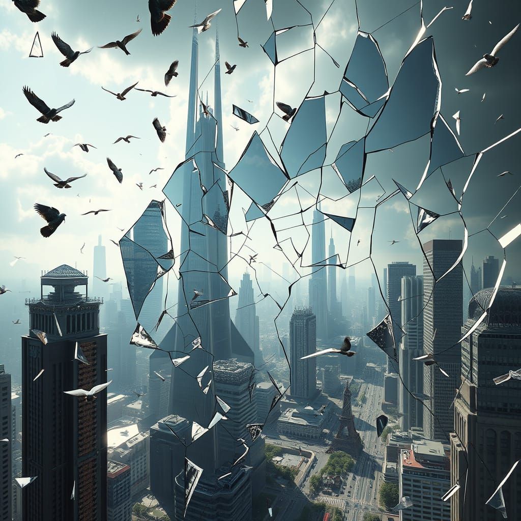 Multidimensional Cityscape with Shattered Mirrors and Parall...