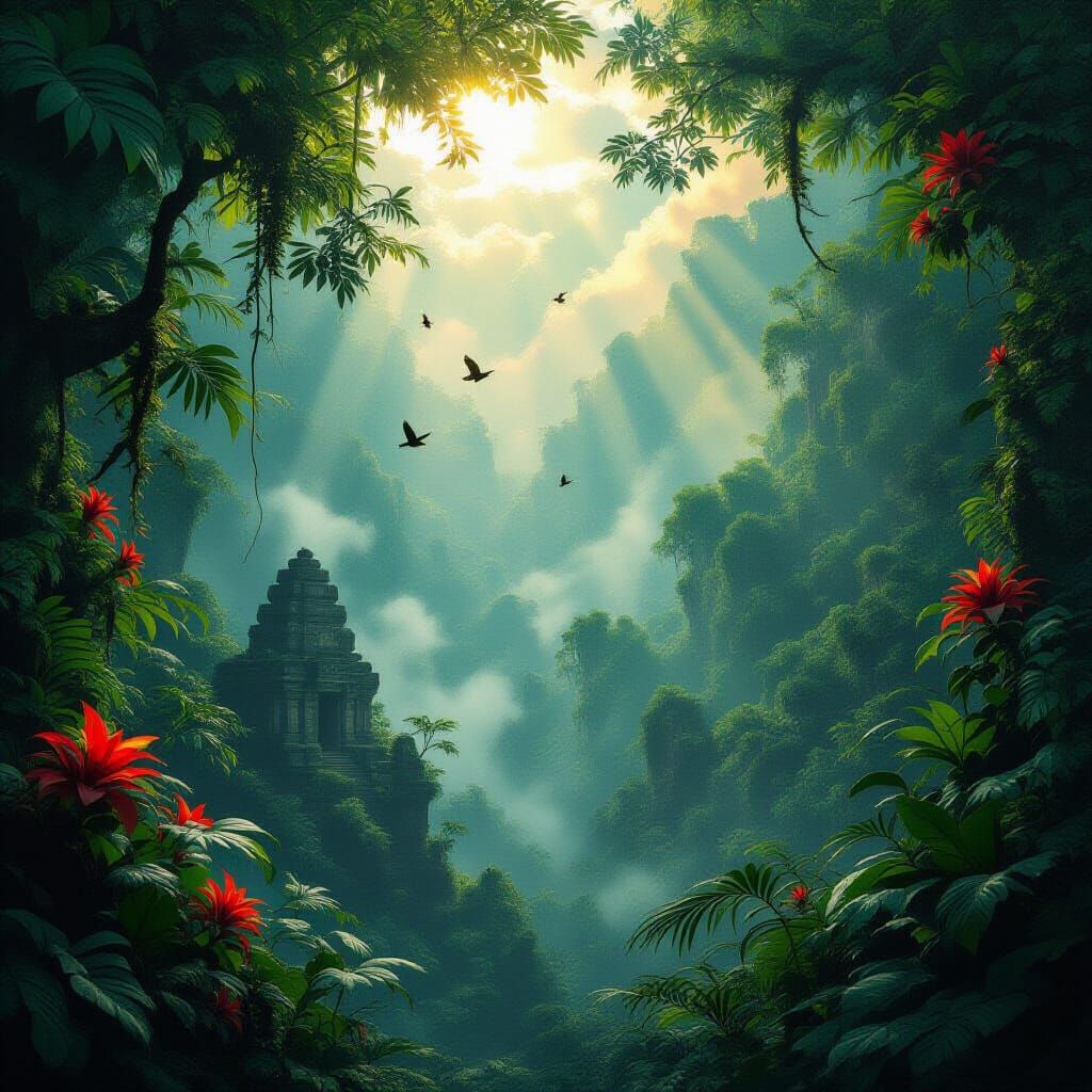 Vibrant Amazon Rainforest Canopy with Hidden Temple