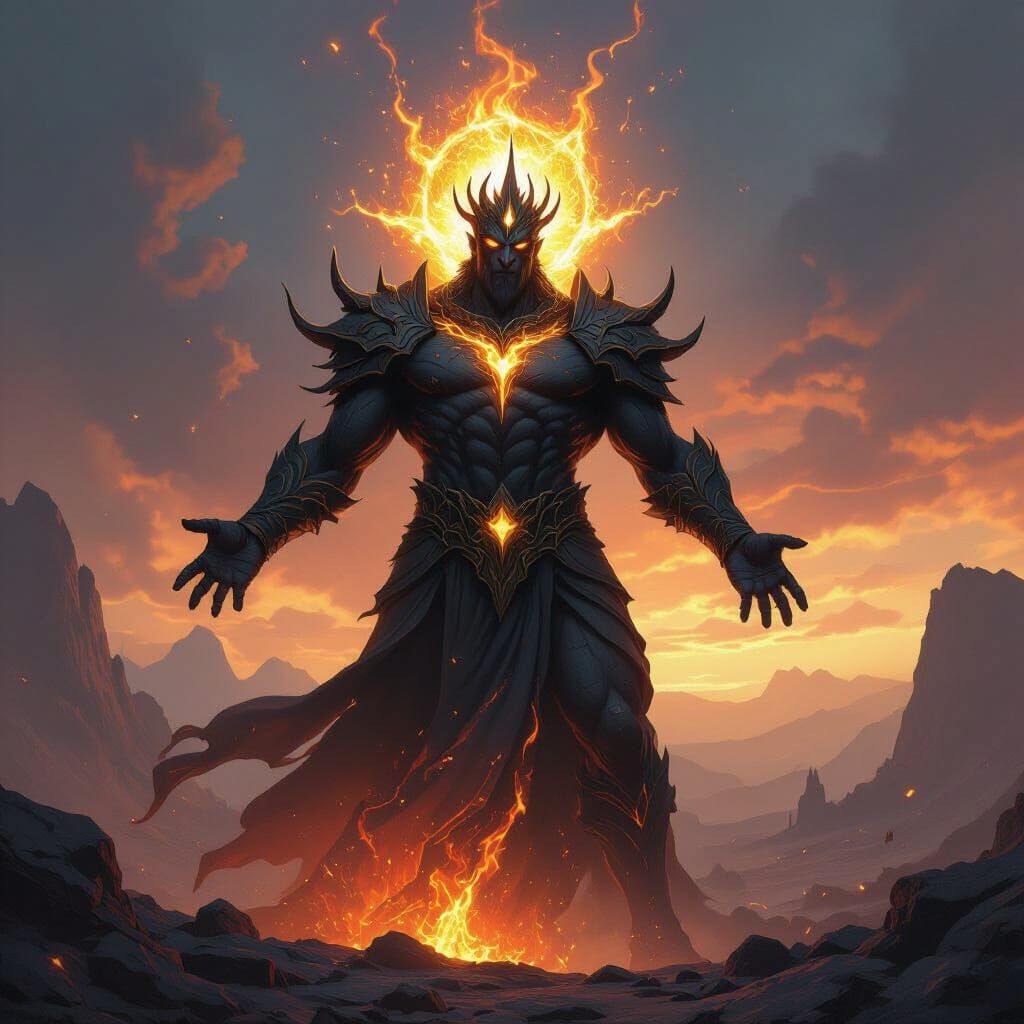 Divine Figure Vorthak: Molten Rock, Flame, and Solar Crowns