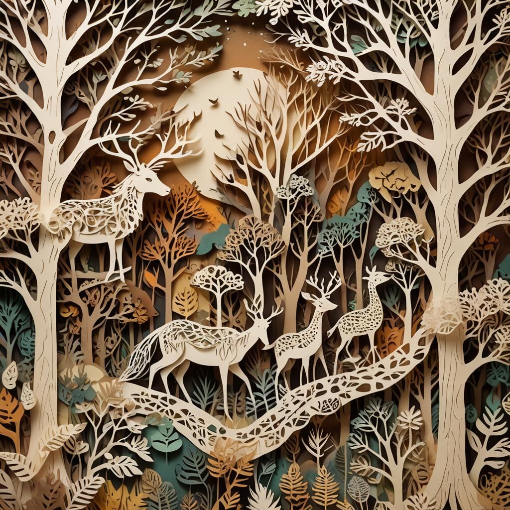 Fantastical Forest Paper Collage in Earthy Tones