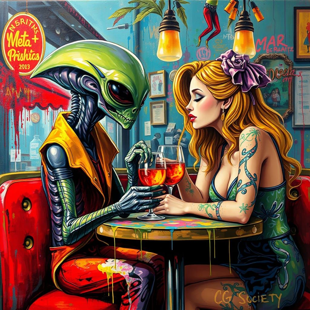 Alien on a Date: Graffiti Art in Cafe