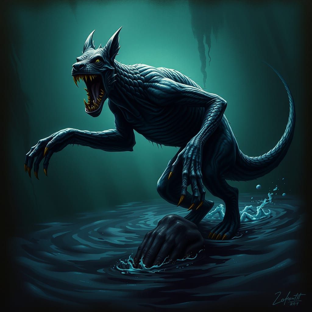 Ahuizotl: Fearsome Dog-Monkey Water Monster in Gothic Style