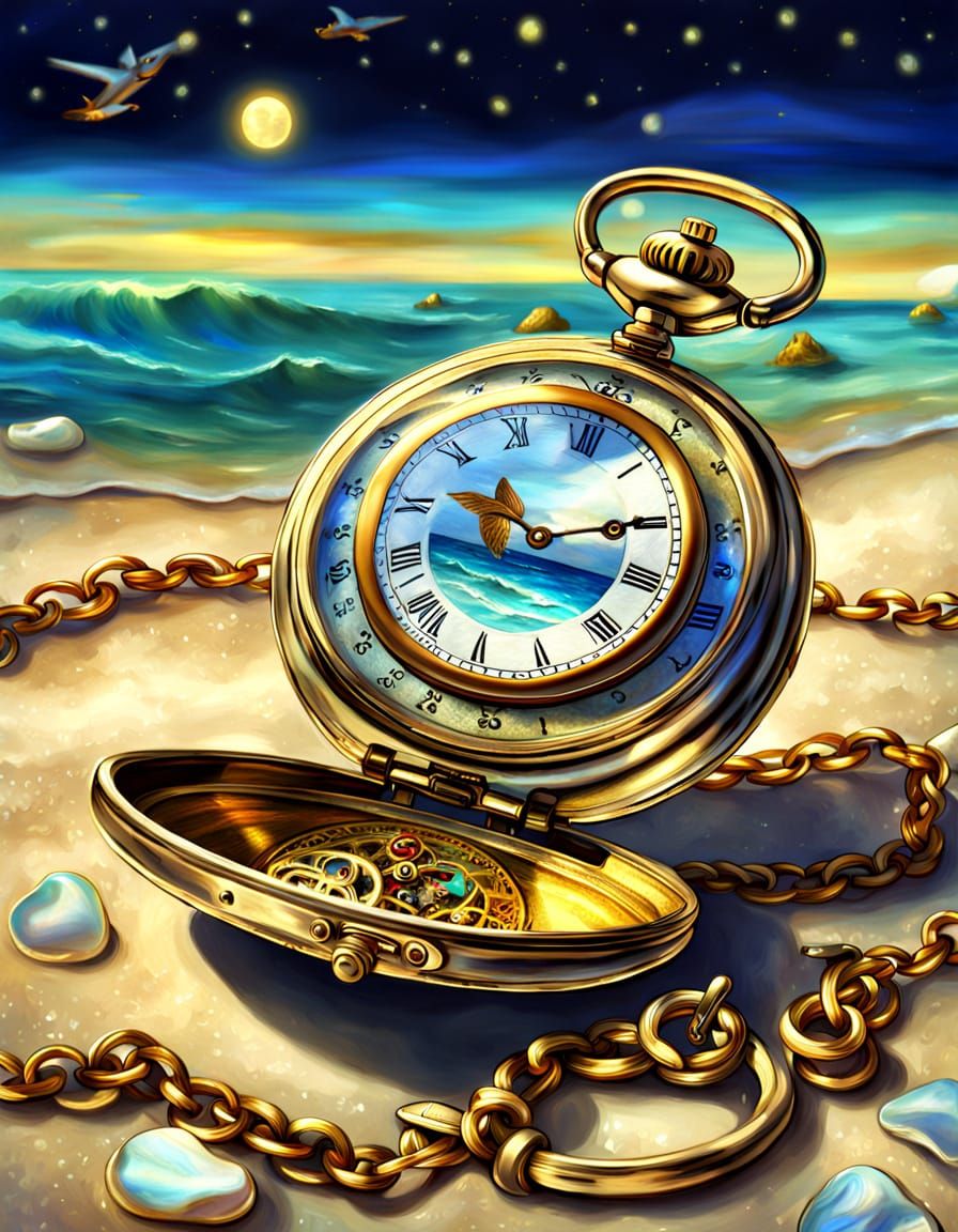 Antique Pocket Watch on Beach, Digital Painting