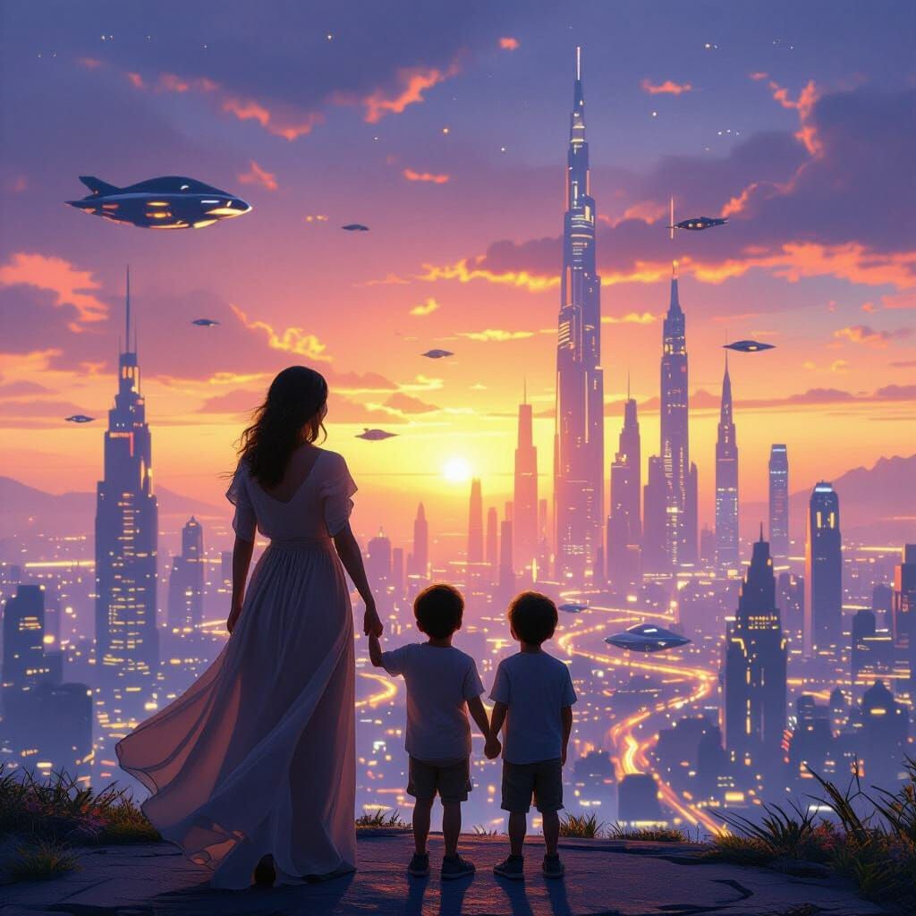 Futuristic Sunset Cityscape with Silhouettes in Digital Art ...