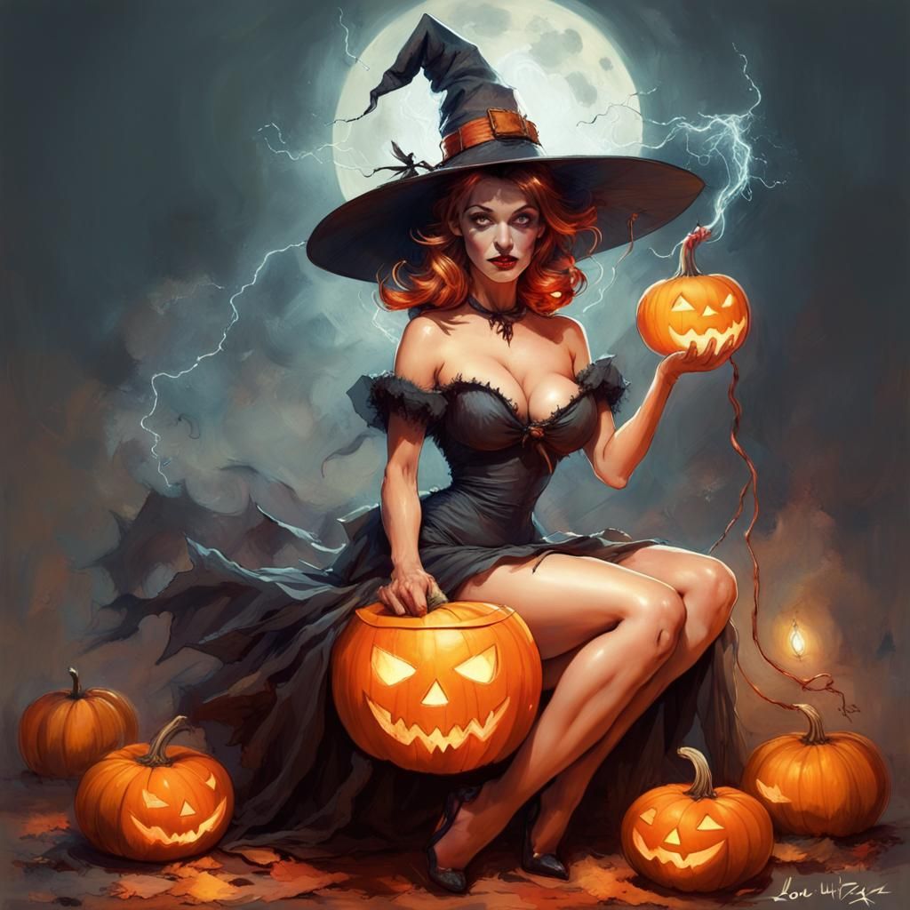 Halloween Pinup Witch with Pumpkin in Hyperrealistic Style