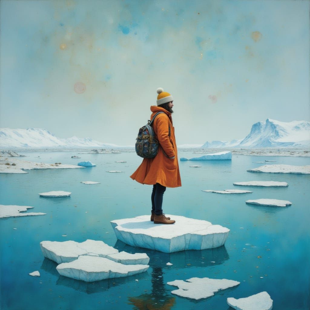 Festive Figure on Iceberg in Whimsical Style