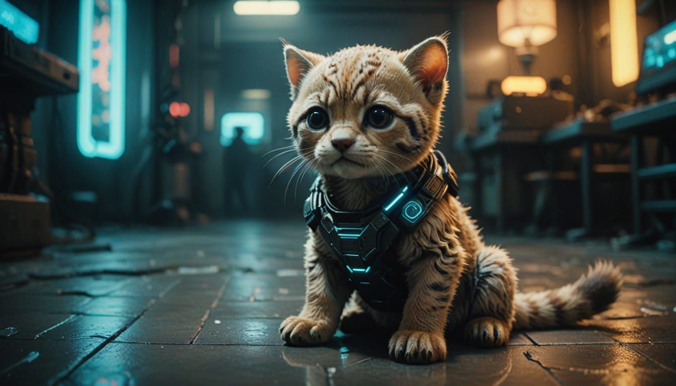 Realistic Cyberpunk Baby Animal on Marble in Neon Hues