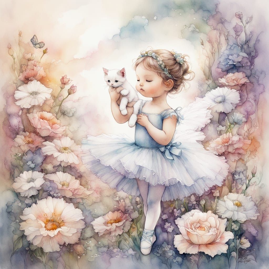 Ethereal Ballerina Petting Kitten in Floral Watercolor