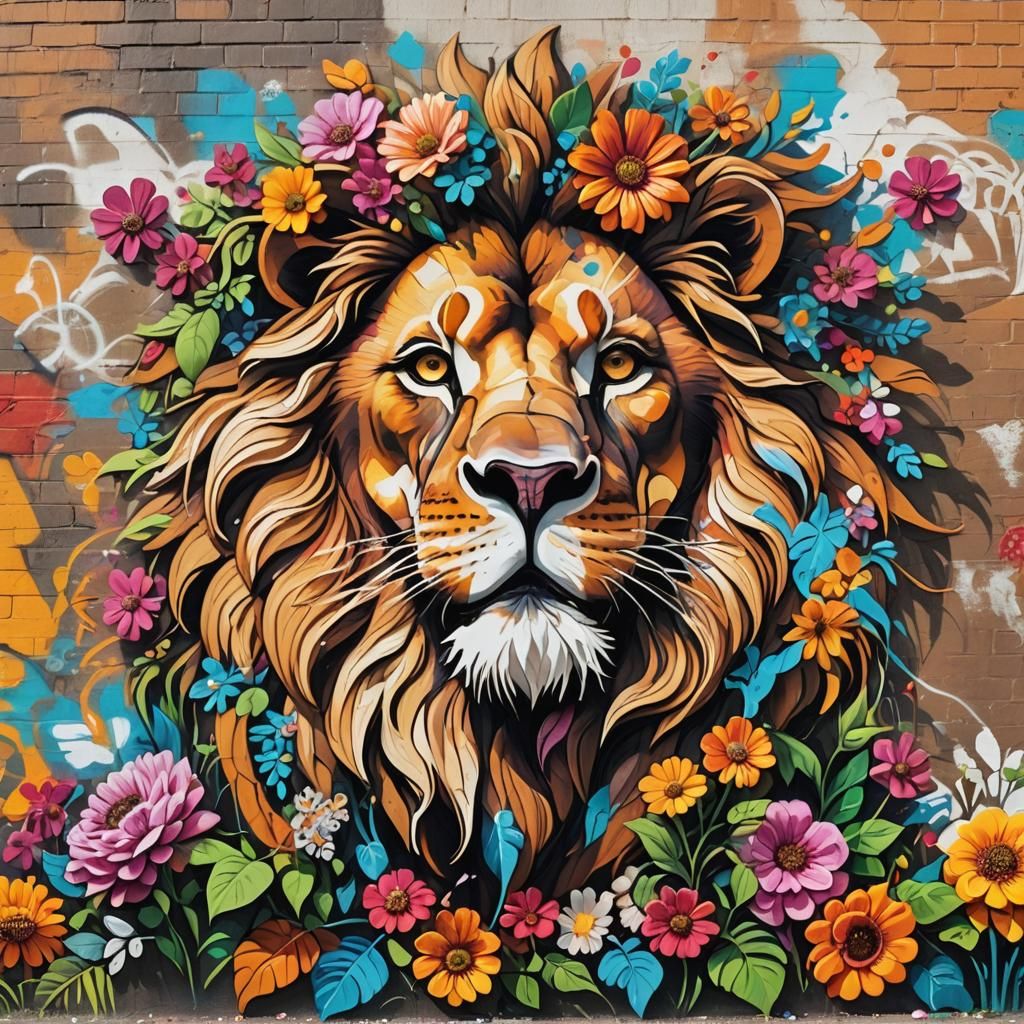 Floral Lion Graffiti Art in Urban Landscape