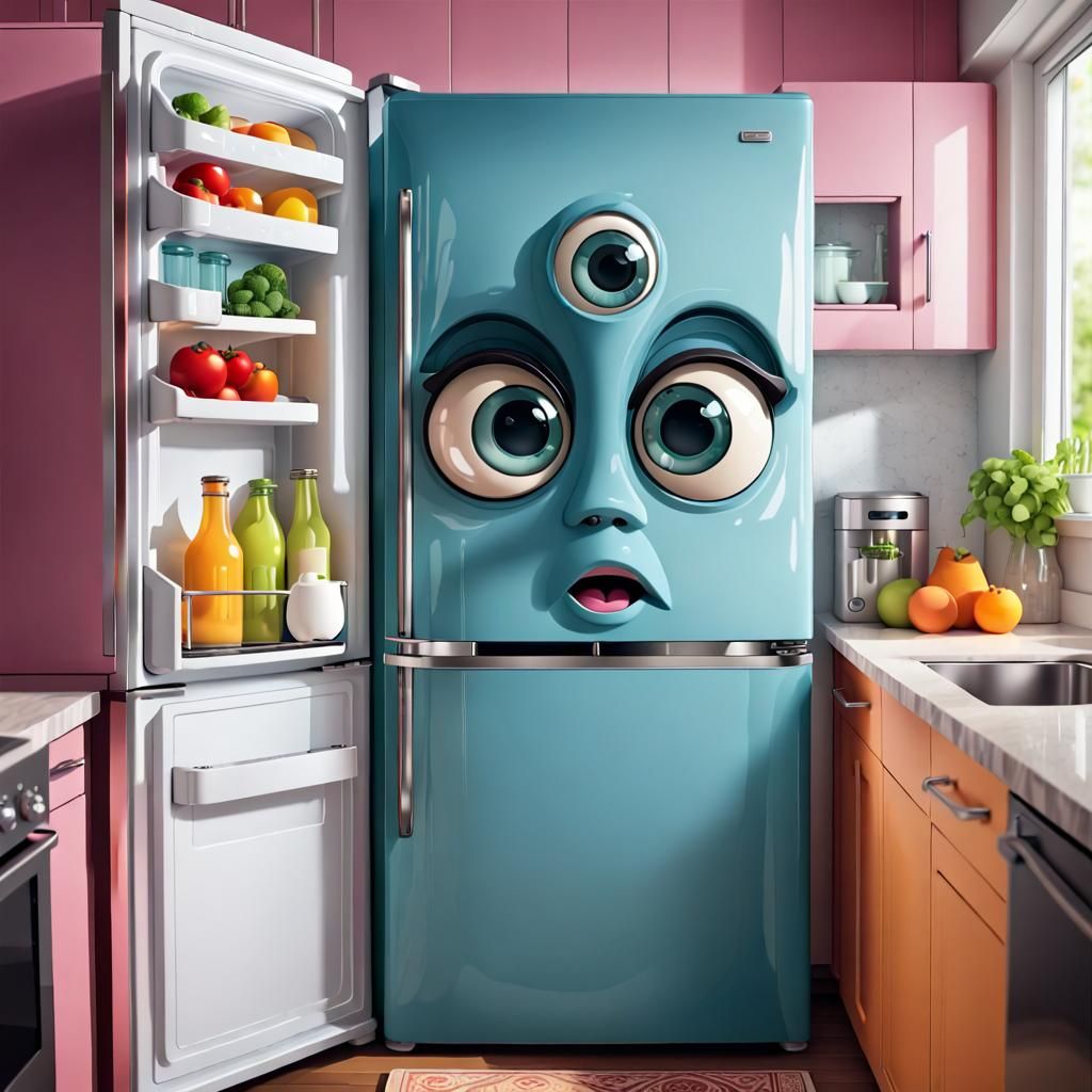 Talking Refrigerator with Big Eyes in Colorful Kitchen