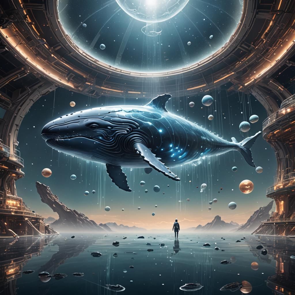Translucent Biometric Whale Floating in Open Space
