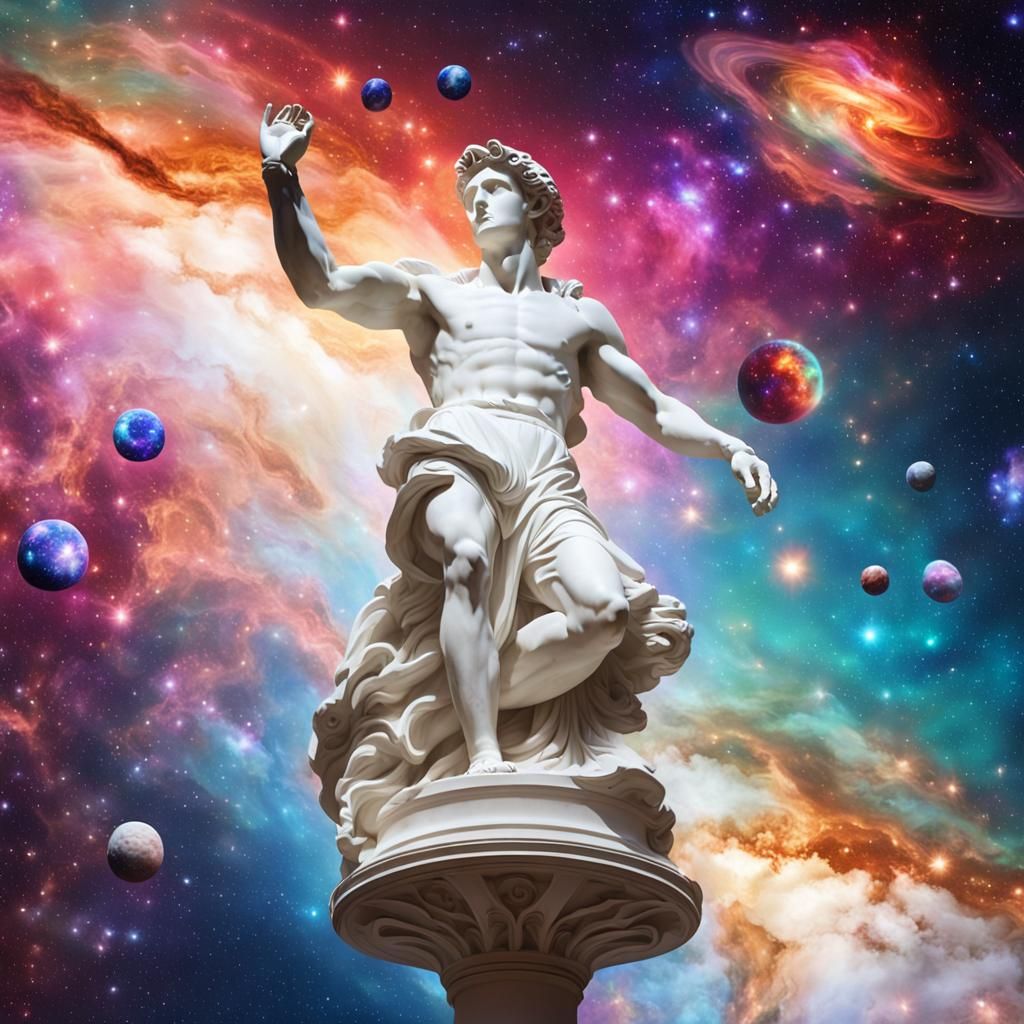 David Statue Floating in Colorful Dreamscape Galaxy
