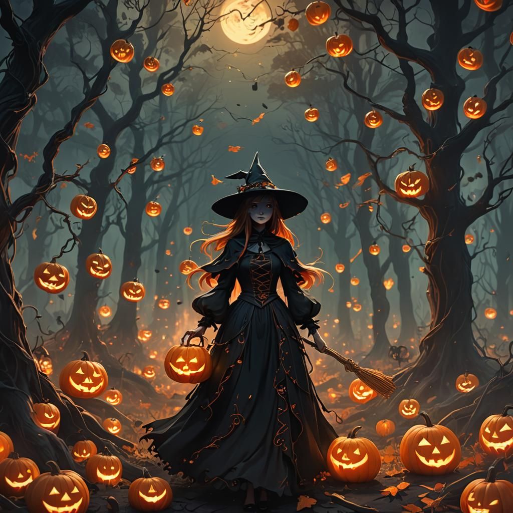 Witch in Mystical Forest: Anime-Inspired Halloween Scene