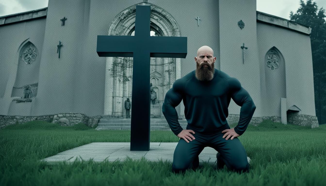 Athlete Praying with Devil Mask in Church