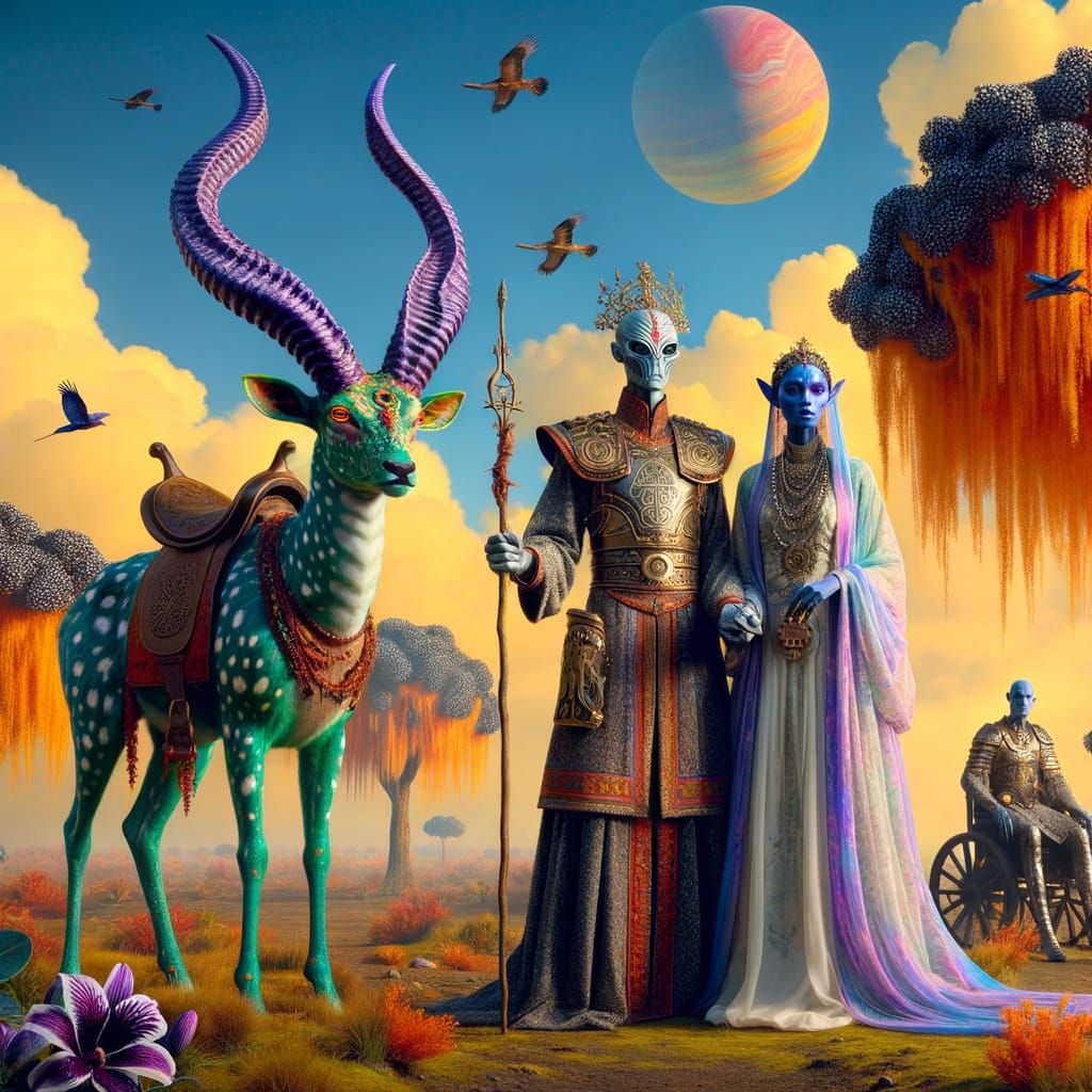 Eerie Sci-Fi Warlords in Stuart Garb with Mythical Creatures