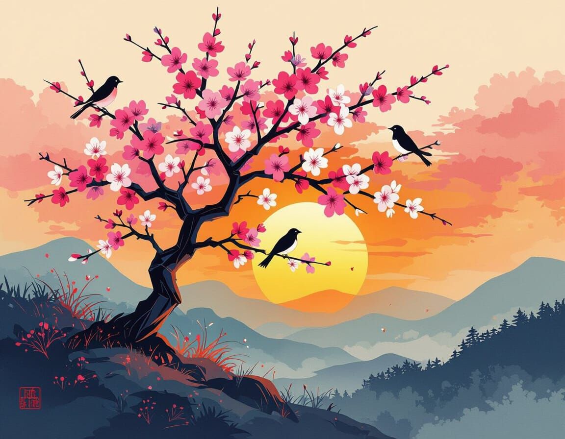 Abstract Blossom Tree Sunset Bird in Japanese Style