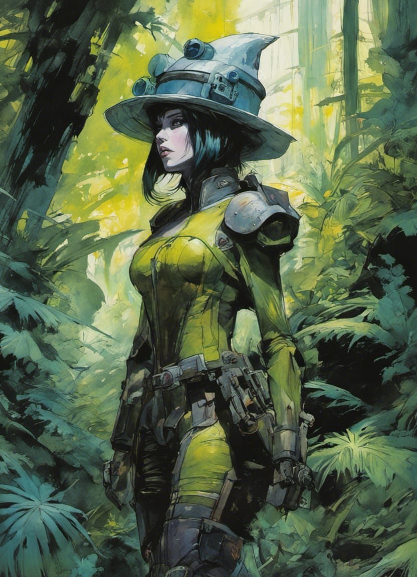 Neon Goth Witch Mechwarrior in Jungle Watercolor