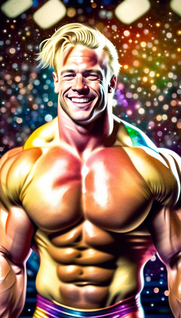 Bodybuilder Smiling in Wrestling Ring: Painterly Style