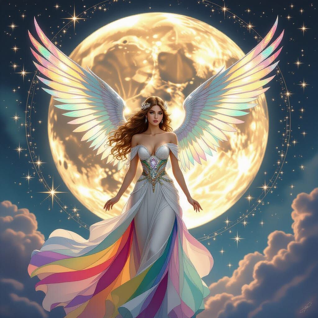 Jeweled Moon and Angel with Rainbow Dress