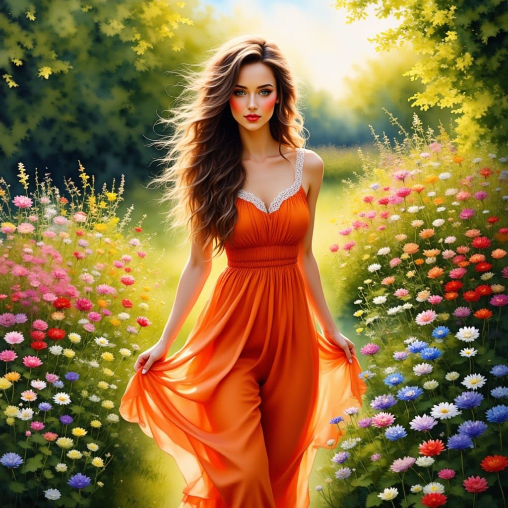 Woman in Orange Dress in Sunlit Garden