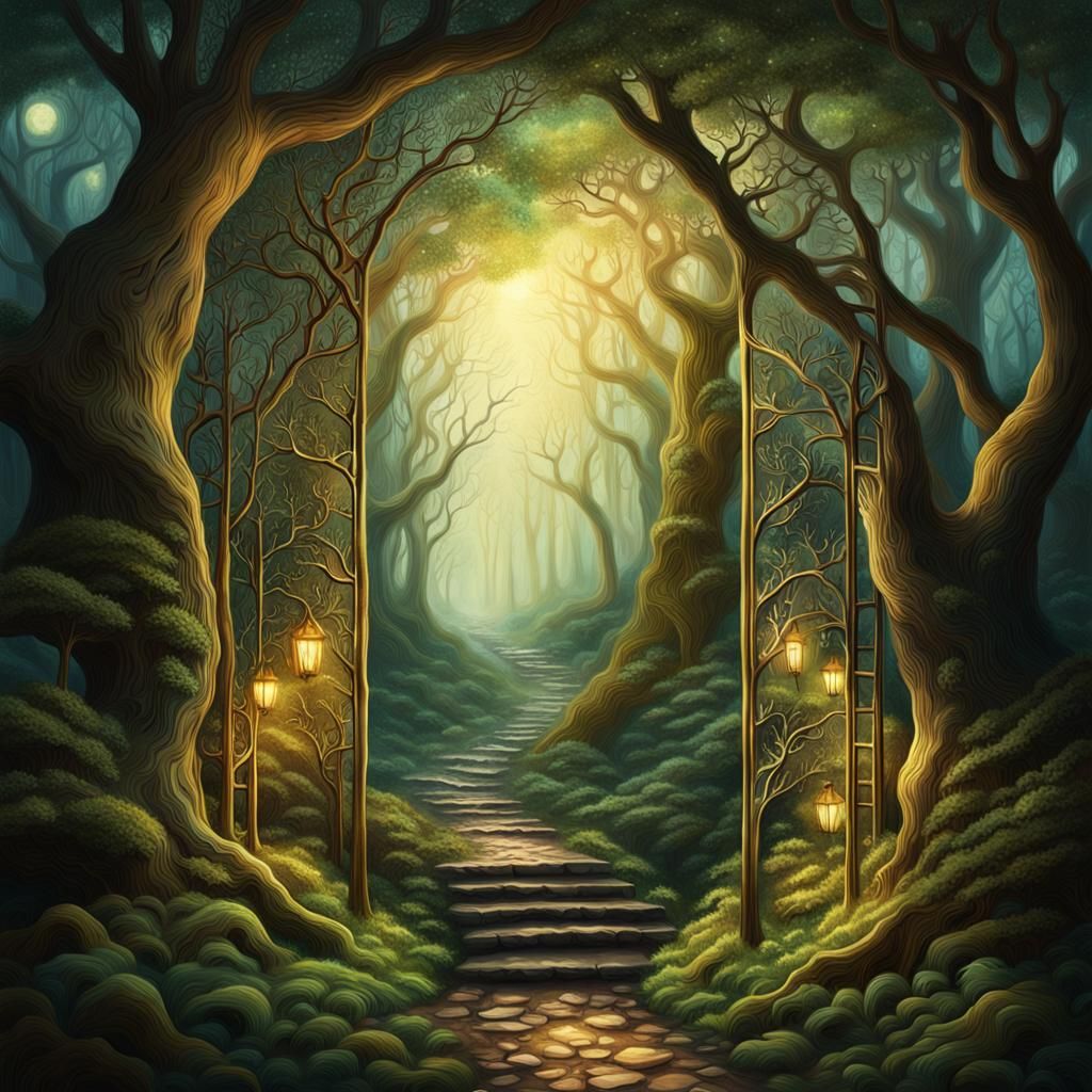 "path through a celestial forest, intricate detail, HDR, beautifully filmed, hyper-realistic, atmospheric, moody, meltin...