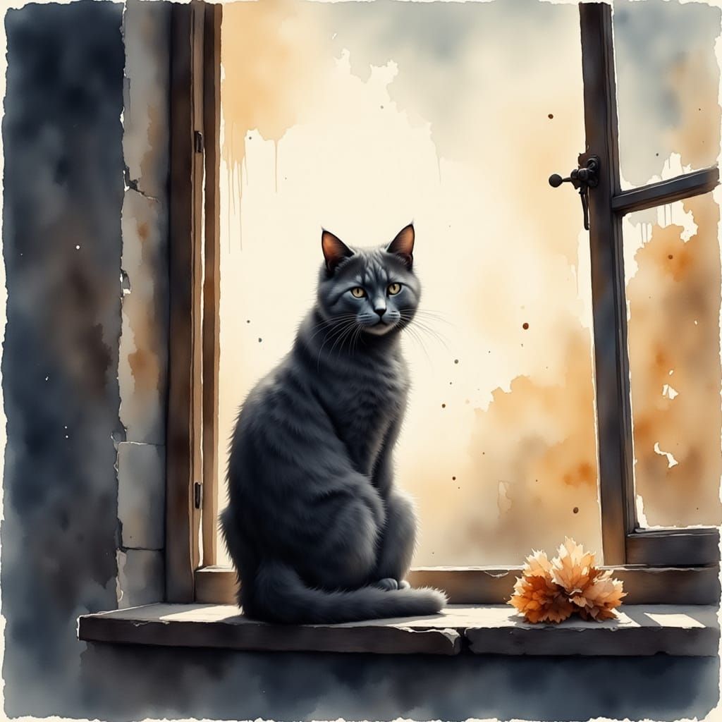 Mournful Gray Feline on Weathered Windowsill